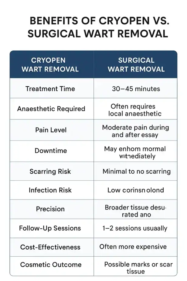 Table showing the benefits of cryopen to remove warts West Bromwich compared to surgical treatment